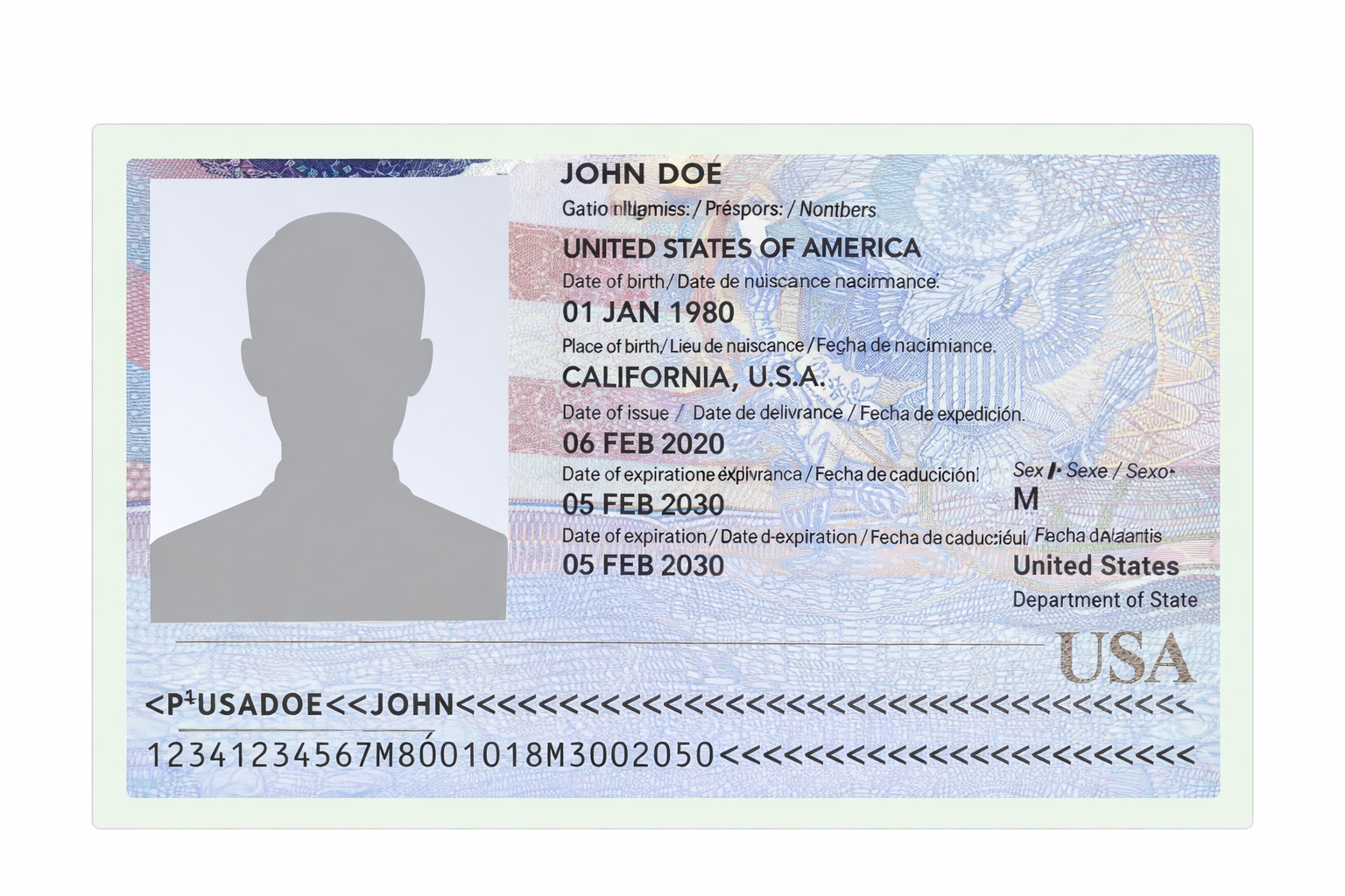 Sample passport photo page in landscape orientation with all details visible
