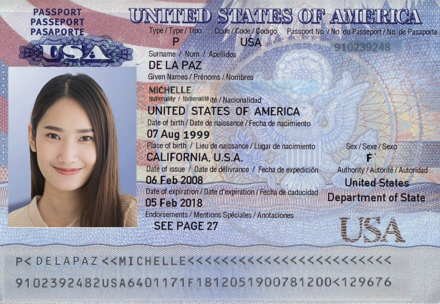 Sample passport photo page in landscape orientation with all details visible